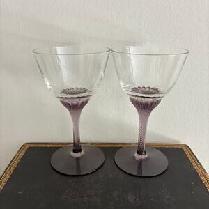 Vintage Amethyst Stem Cocktail Glasses Set Purple Twisted Stemware Bohemian